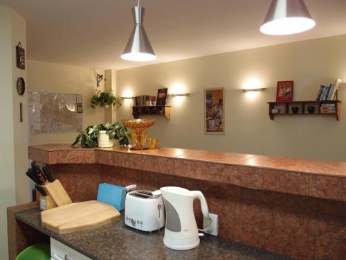a kitchen with a counter with a counter top with appliances at Penzion Cabák in Vrchlabí