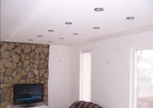 a living room with a tv and a stone wall at Ripanj in Ripanj