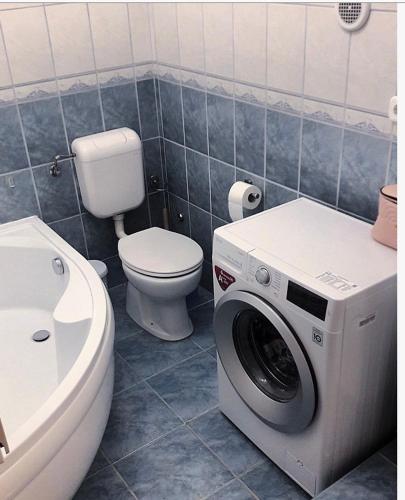 a bathroom with a toilet and a washing machine at MELÁNIA in Vonyarcvashegy