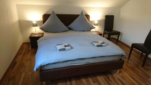 ImmendingenにあるAn der grünen Donau - Ferienwohnung, Monteurwohnung, wir bieten keine Parkplätze, Verpflegung oder Tücher an, Parken NUR gegenüber auf der Straßenseiteの枕が2つ置かれたベッドのある寝室