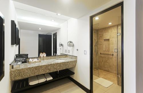 uma casa de banho com um grande lavatório e um chuveiro em Crowne Plaza Villahermosa, an IHG Hotel em Villahermosa