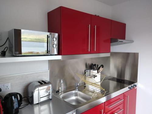 Treaslane Stable Rooms في Skeabost: مطبخ مع دواليب حمراء ومغسلة
