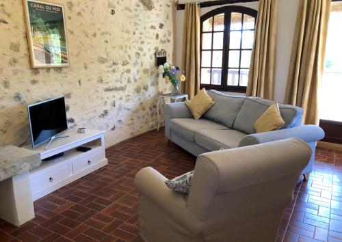 a living room with a couch and a tv at Malepère in La Bastide-de-Bousignac