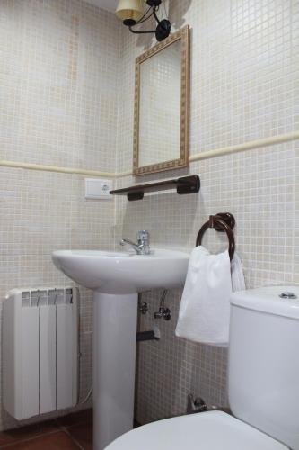 a bathroom with a sink and a mirror and a toilet at Apartamentos NOGUERA de ALBARRACÍN in Noguera de Albarracin