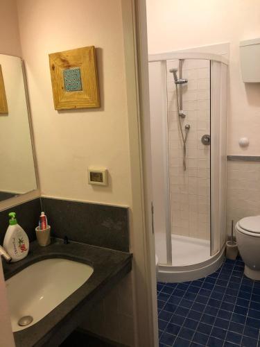 a bathroom with a sink and a shower and a toilet at Dammuso Bacio Pantesco in Scauri
