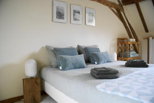 a bedroom with a white bed with blue pillows at Odiel & Gabrielle in Montchevrier