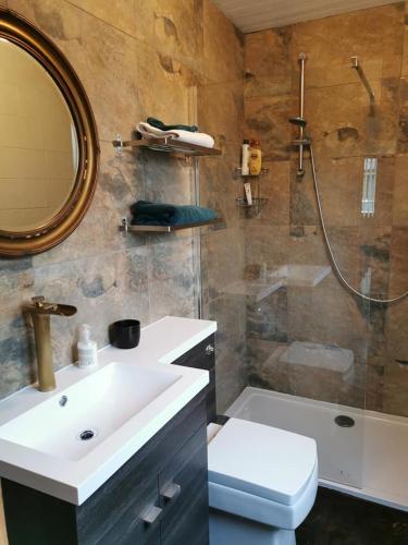 a bathroom with a sink and a shower at Nuthatch Lodge in King's Lynn
