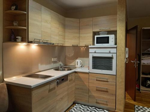 a small kitchen with a sink and a microwave at Apartman Gold City 2 Studio in Fojnica