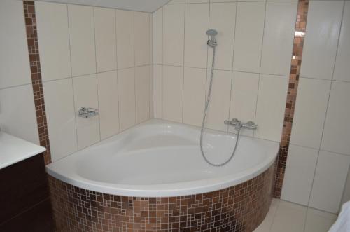 a bath tub with a shower in a bathroom at La Petite Ecole in Marciac