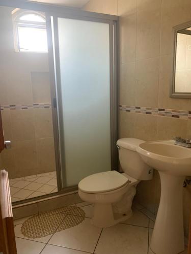 a bathroom with a shower and a toilet and a sink at Hotel Hacienda Salvador in San Juan de los Lagos