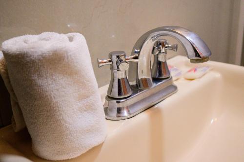 un lavabo con un rollo de papel higiénico junto a un grifo en Hotel Acuario en Ocotlán