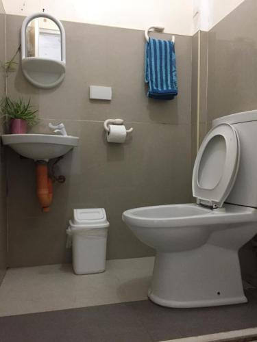 uma casa de banho com um WC, um lavatório e um espelho. em Amor En Beach House em Oslob