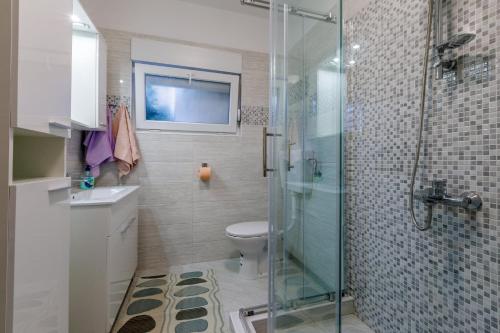 La salle de bains est pourvue de toilettes et d'une douche en verre. dans l'établissement FILIPOVIC, à Novi Vinodolski