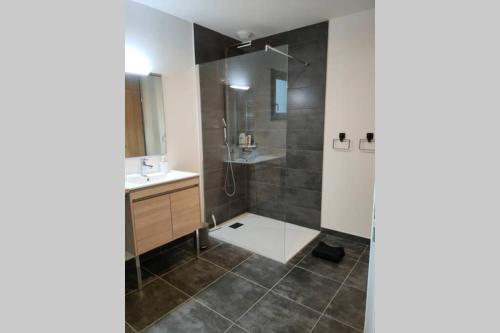 une salle de bain avec douche et lavabo dans l'établissement Agréable Villa Domaine du Golf Piscine CHAUFFEE, à Biscarrosse