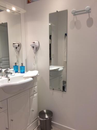 une salle de bain avec un lavabo et un miroir dans l'établissement B&B Gagnepain La Riviere, à La Clisse
