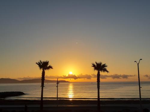 - un coucher de soleil sur la plage avec des palmiers dans l'établissement appartement Cavalaire face à la mer, à Cavalaire-sur-Mer