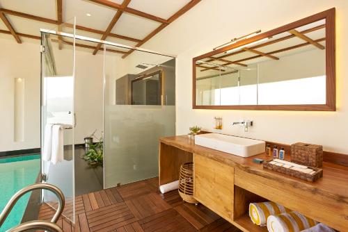 瓦亞納德的住宿－MOUNTAIN SHADOWS RESORTS，一间带水槽和镜子的浴室以及一个游泳池