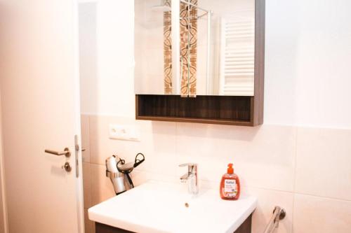 La salle de bains est pourvue d'un lavabo et d'un miroir. dans l'établissement Casa de Luisa, à Viechtach