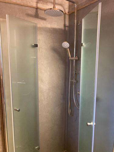 eine Dusche mit Glastür im Bad in der Unterkunft Ferienwohnung im Biosphärenreservat Drömling in Calvörde