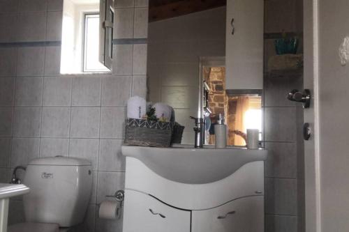 a bathroom with a toilet and a sink in it at Stonehouse Olivelia - Afrathias Beach in Tympáki