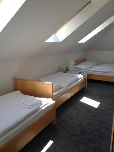 two beds in a room with a attic at Pension Filip in Prague