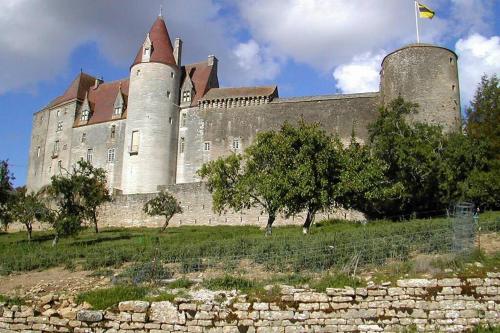 ein großes Schloss mit einer Flagge darüber in der Unterkunft Maisonnette de Mamie in Pouilly-en-Auxois