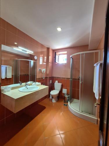 a bathroom with a sink and a toilet and a shower at Hotel Bulevard in Făgăraş