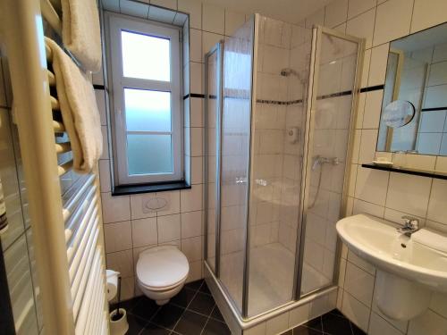 a bathroom with a shower and a toilet and a sink at Hotel Xtra Gleis in Hörstel