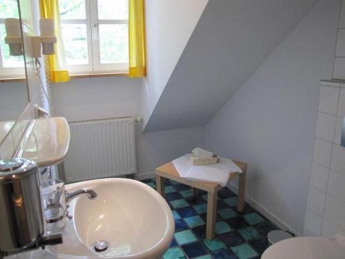 ラインスベルクにあるDer Seehof Rheinsbergの小さなバスルーム(シンク、テーブル付)