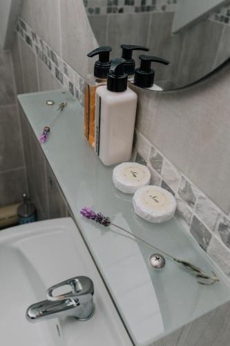 a bathroom counter with a sink and a bottle of soap at Paters Nessie in Paternoster