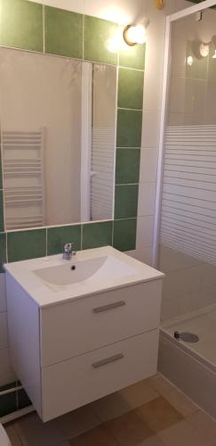 une salle de bain avec un lavabo blanc et un miroir dans l'établissement Petite maison refaite à neuf dans mas du 19ème siècle, à Arles