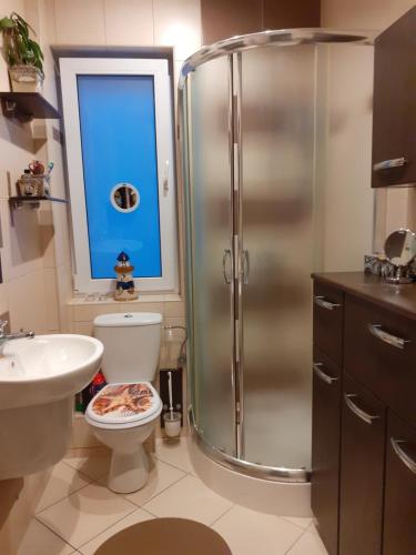 a bathroom with a shower and a toilet and a sink at Mieszkanie przy plaży Ela in Dziwnów