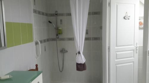 łazienka z prysznicem z zasłoną prysznicową w obiekcie Le Chat Bleu w mieście Pont-Croix