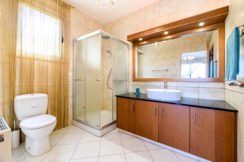 ein Bad mit einem WC, einem Waschbecken und einer Dusche in der Unterkunft Royal Beachfront Villa in Protaras
