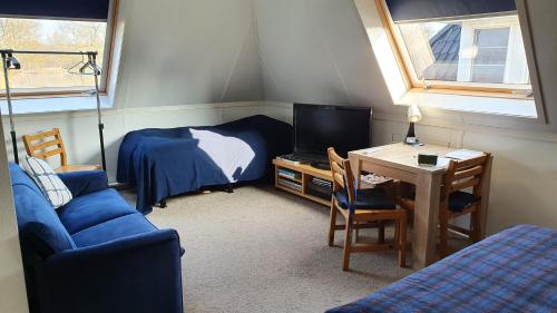 Schlafzimmer mit einem Bett und einem Schreibtisch mit einem TV in der Unterkunft Logies bij Wandelpad te Holten in Holten