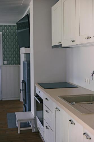 a kitchen with white cabinets and a sink and a stool at Niidupuu Holiday Home in Mändjala
