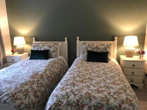 Kilkeel Bungalow - the PERFECT place to stay في كيلكيل: سريرين يجلسون بجانب بعض في غرفة النوم