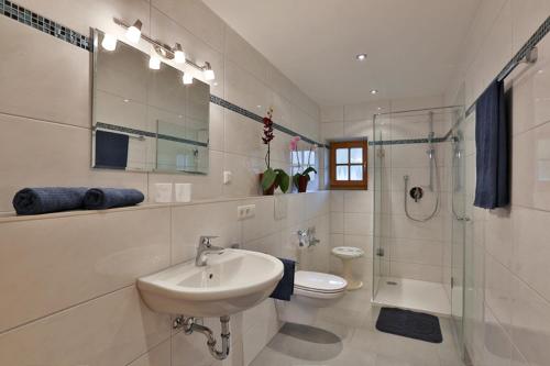 a bathroom with a sink and a shower and a toilet at Ferienhaus Zechmeister in Schönau am Königssee