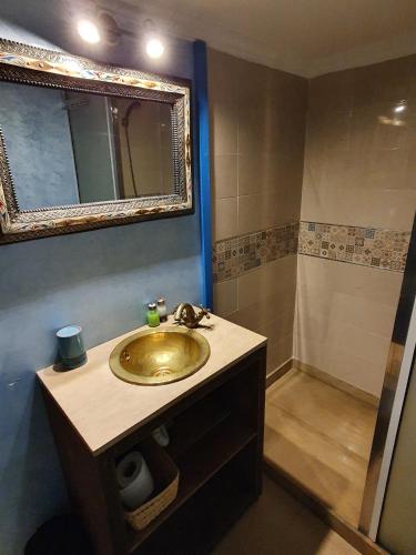 a bathroom with a sink and a mirror and a shower at Riad La Porte du Bouregreg in Salé
