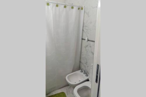 a bathroom with a toilet and a shower curtain at Cabo Corrientes - Mar del Plata - Preguntar antes de reservar in Mar del Plata