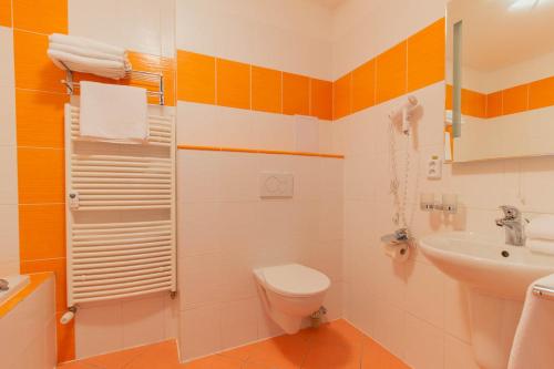 La salle de bains est pourvue de toilettes et d'un lavabo. dans l'établissement LIPNO WELLNESS - FRYMBURK C112 private family room, à Frymburk