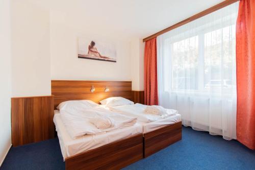 a bed in a room with a large window at LIPNO WELLNESS - FRYMBURK C112 private family room in Frymburk