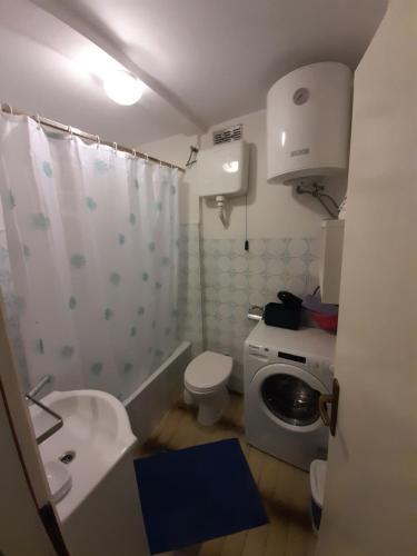 a bathroom with a toilet sink and a washing machine at Apartment The old house in Vrsar