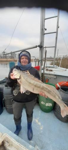 a man standing on a boat holding a fish at Cicha Przystań in Nowy Dwór Gdański