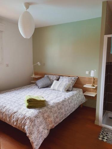 a bedroom with a large bed with a wooden headboard at Au calme, entre lac et océan in Vielle-Saint-Girons