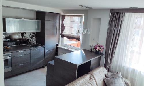a kitchen with a couch and a table in it at Nikoletos apartamentai in Panevėžys