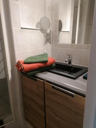 La salle de bains est pourvue d'un lavabo et de serviettes sur le comptoir. dans l'établissement le petit Eden de la Madrague face à la Ciotat, à Saint-Cyr-sur-Mer