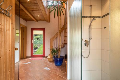 a bathroom with a walk in shower and a glass door at Ferienwohnung Risthof 4 in Owingen