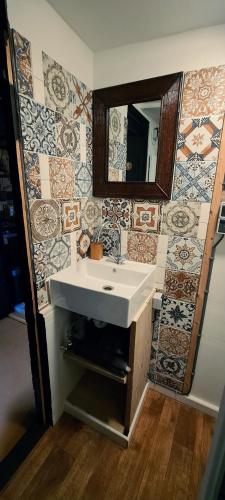 a bathroom with a sink and a mirror at Trekkershut in Middelburg