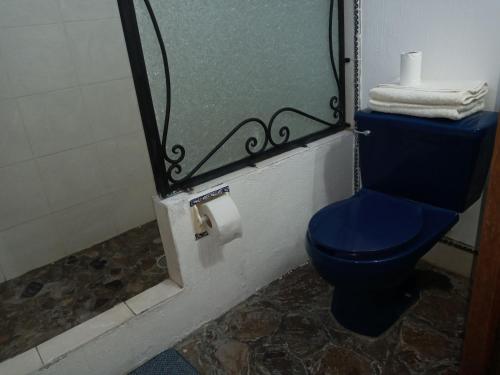 a bathroom with a blue toilet and a roll of toilet paper at Casa Tapalpa in Tapalpa